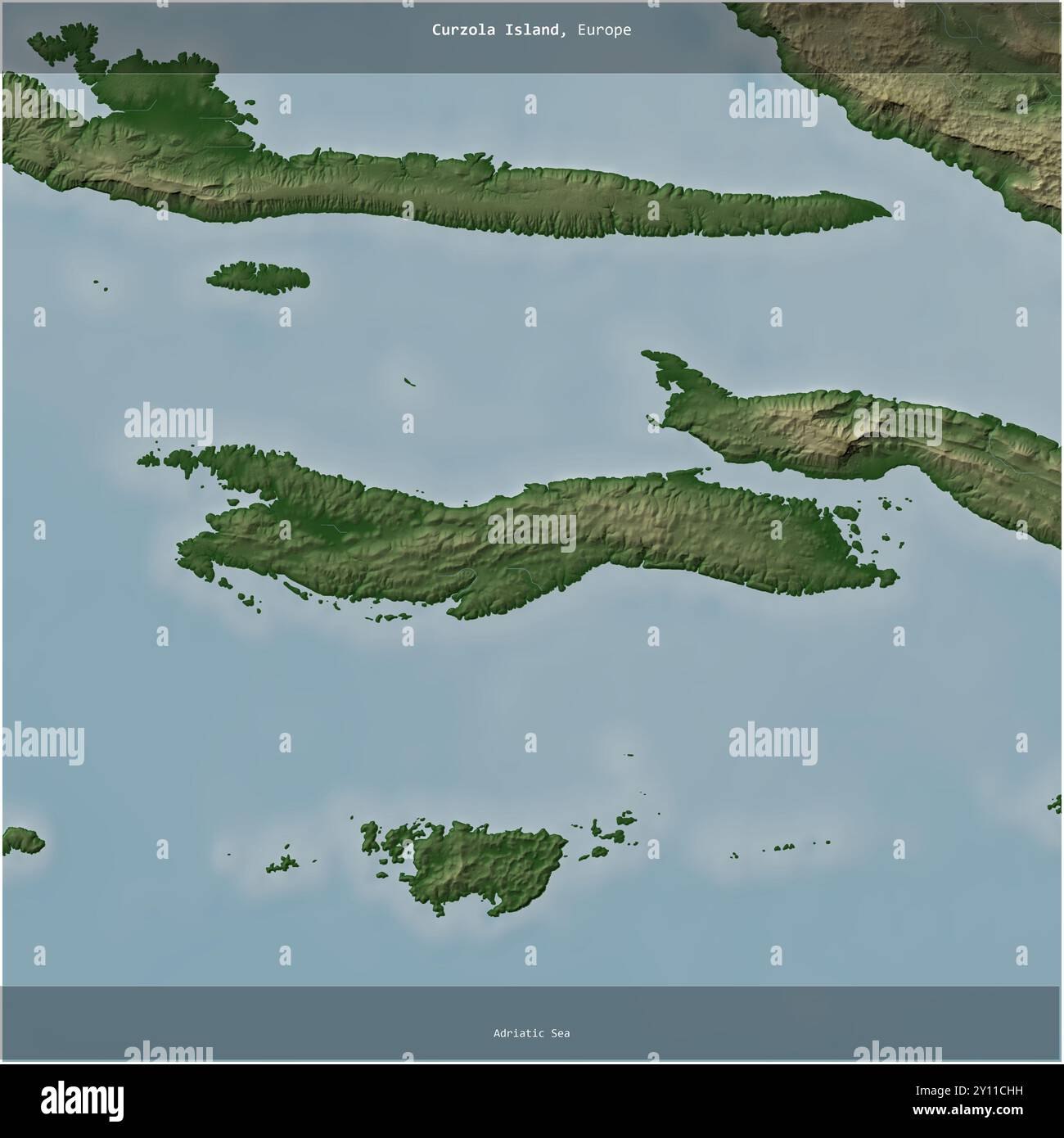 Isola di Curzola nel Mare Adriatico, appartenente alla Croazia, ritagliata in piazza su una mappa colorata di elevazione Foto Stock