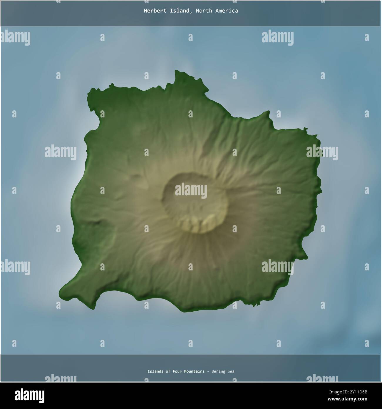 Herbert Island nel Mare di Bering, appartenente agli Stati Uniti, ritagliato in quadrato su una mappa colorata di elevazione Foto Stock