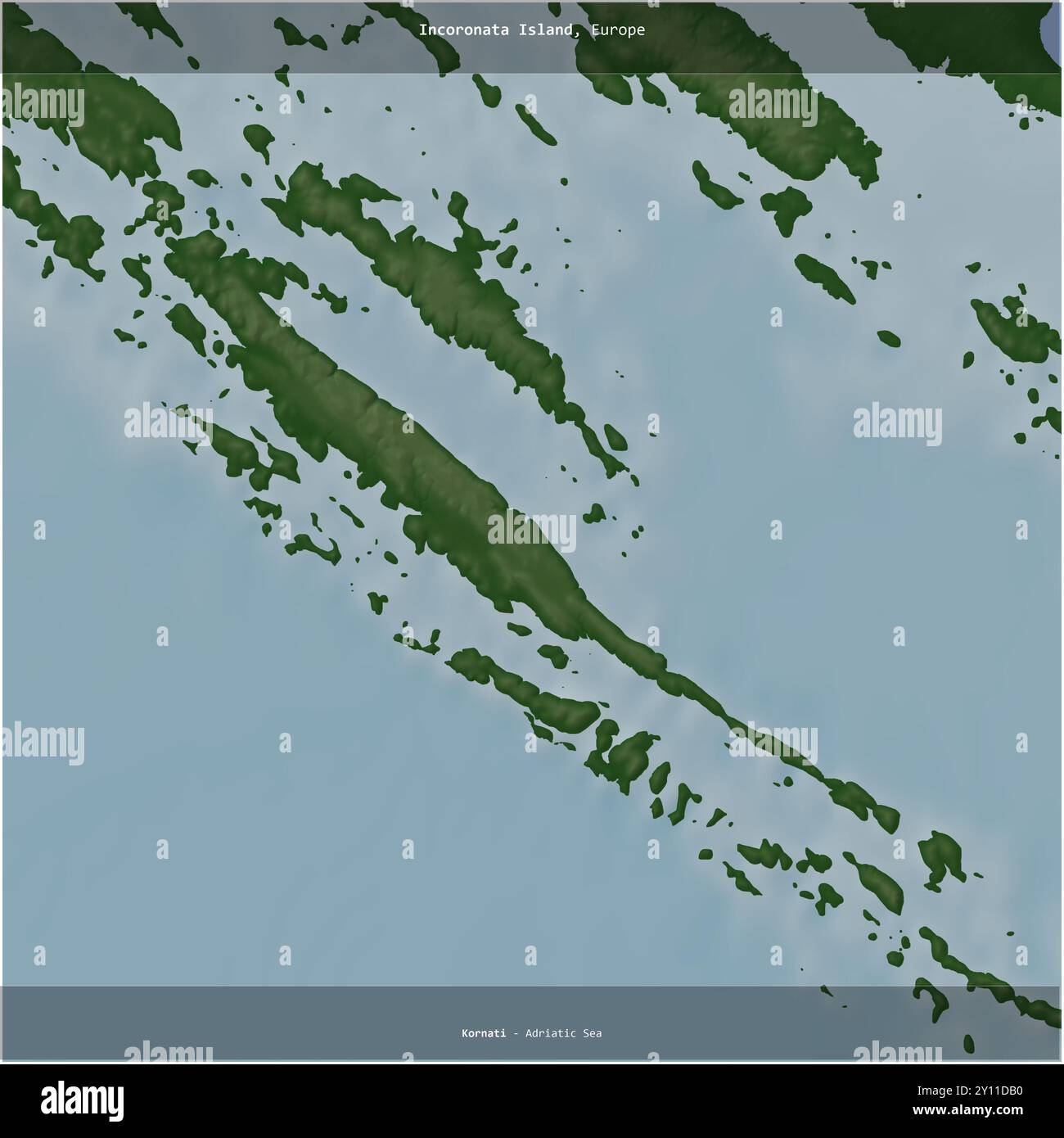Isola Incoronata nel Mare Adriatico, appartenente alla Croazia, ritagliata in piazza su una mappa colorata di elevazione Foto Stock