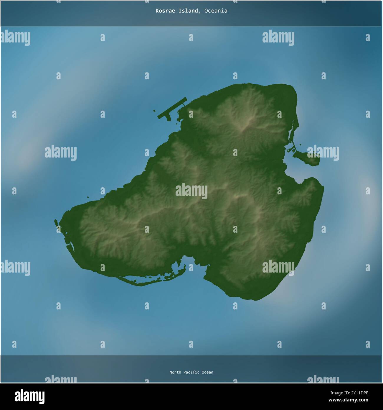 Kosrae Island, nell'Oceano Pacifico settentrionale, appartenente agli Stati Federati di Micronesia, ritagliata in quadrato su una mappa colorata di elevazione Foto Stock