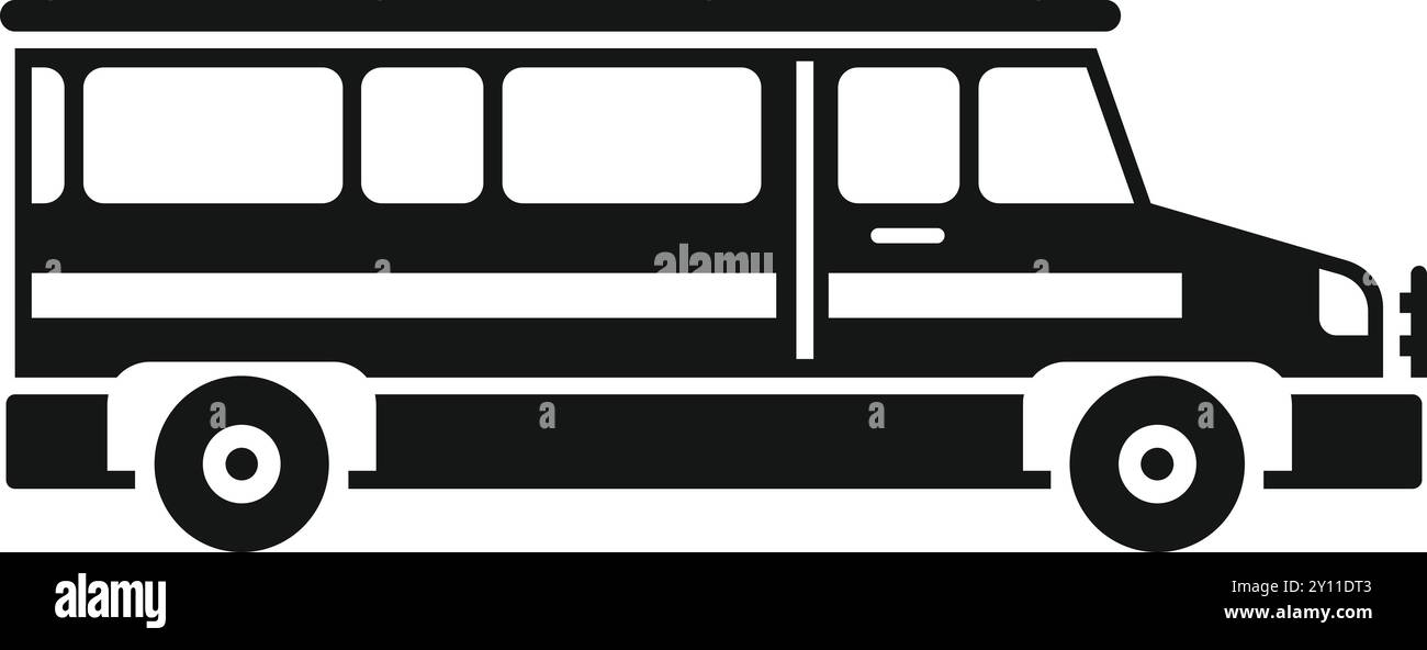 Questa semplice icona vettoriale in bianco e nero rappresenta uno scuolabus che trasporta gli studenti Illustrazione Vettoriale