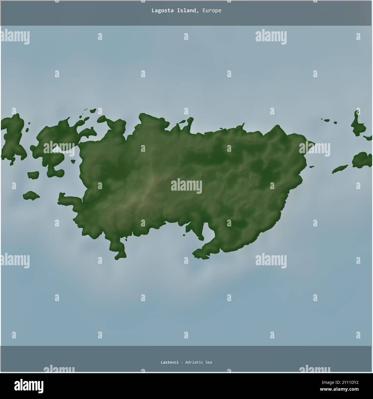 L'isola di Lagosta nel Mare Adriatico, appartenente alla Croazia, ritagliata in piazza su una mappa colorata di elevazione Foto Stock