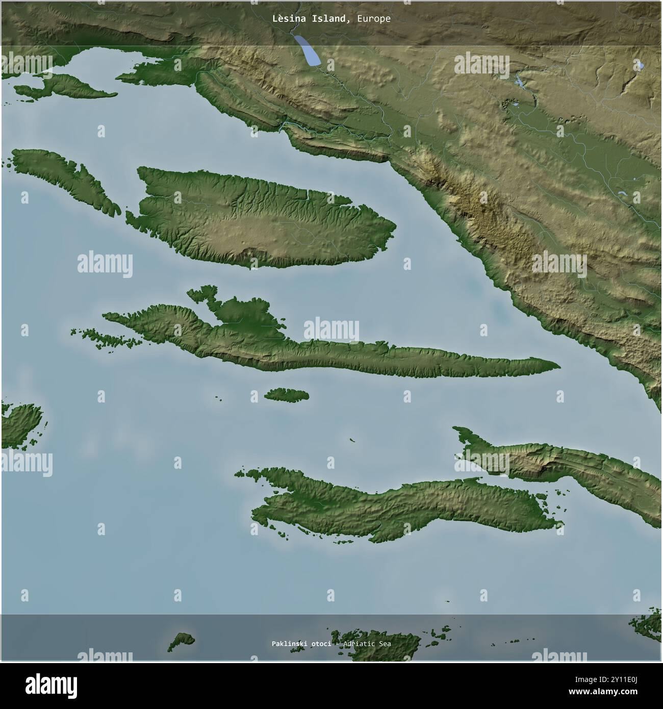 Isola di Lesina nel Mare Adriatico, appartenente alla Croazia, ritagliata in piazza su una mappa colorata di elevazione Foto Stock