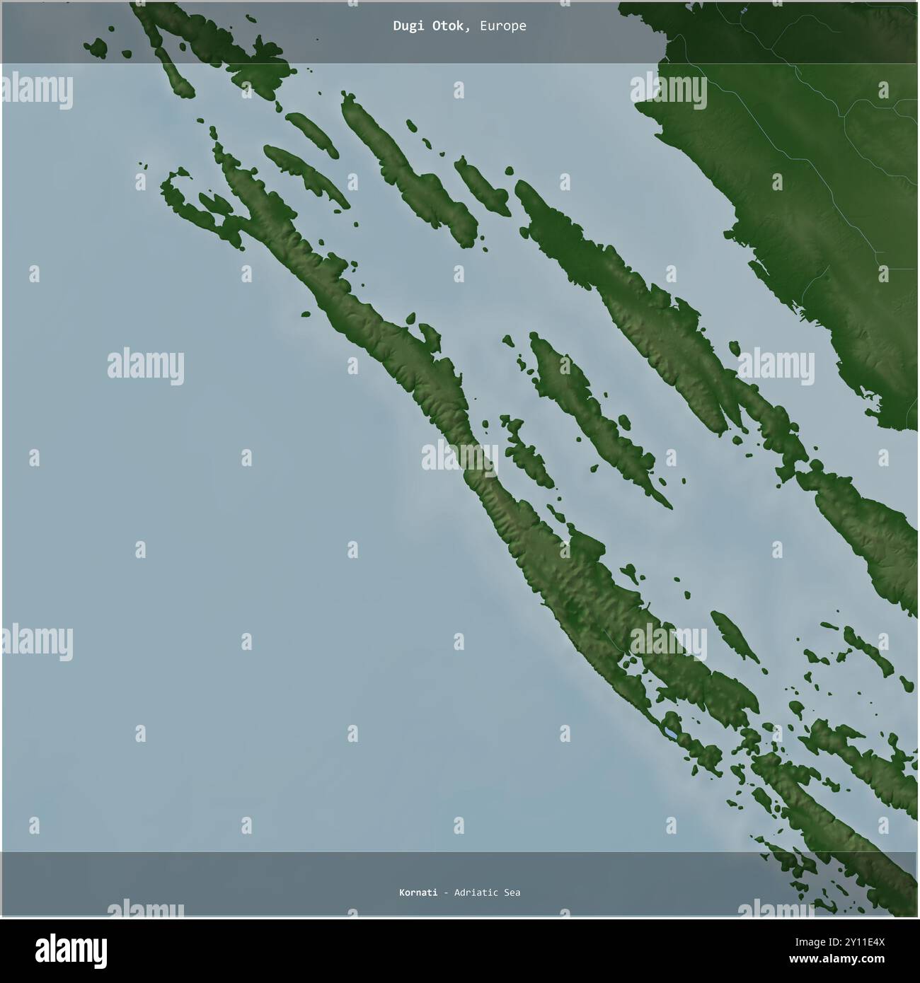 Dugi Otok nel Mare Adriatico, appartenente alla Croazia, ritagliato in piazza su una mappa colorata di elevazione Foto Stock