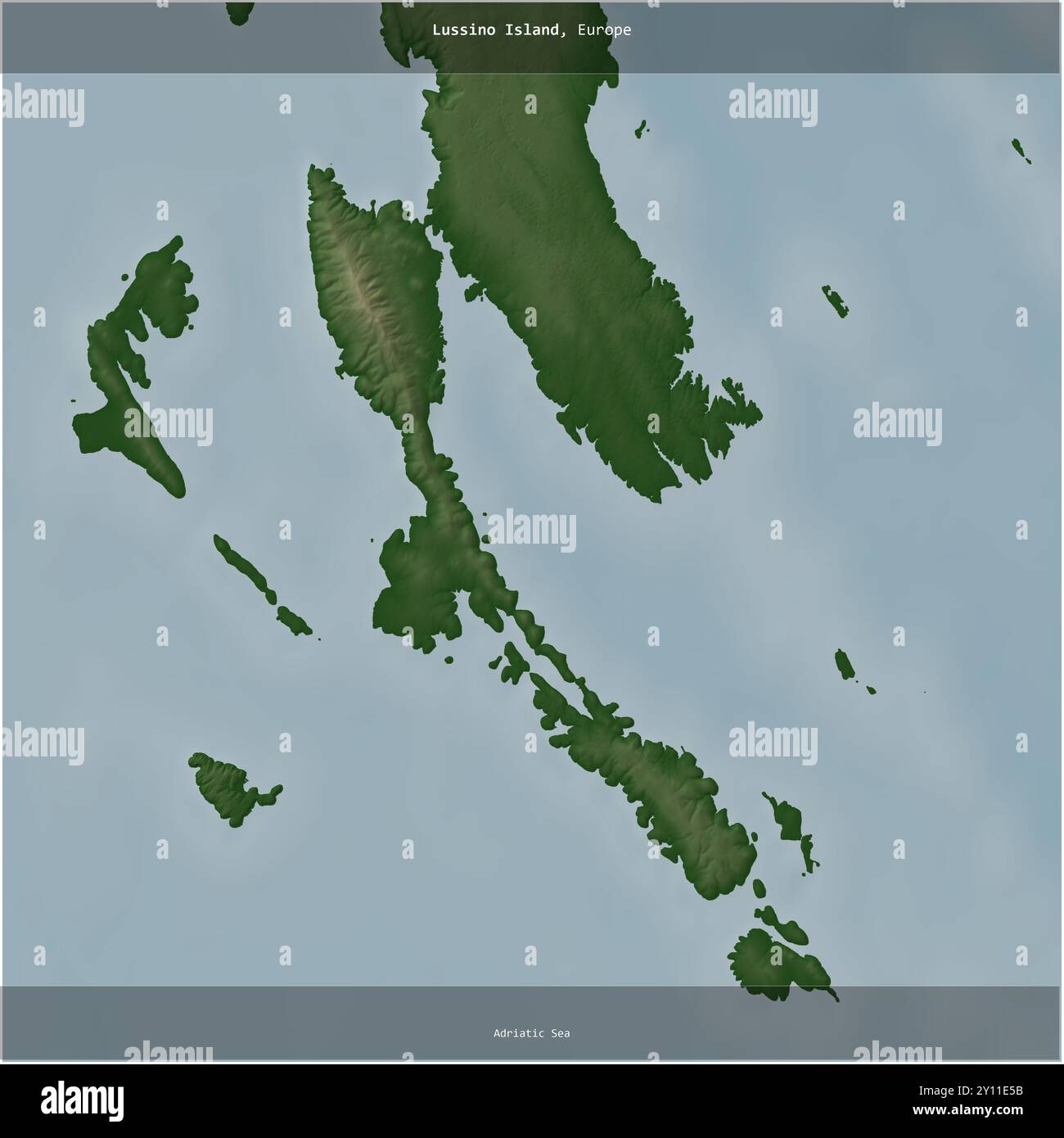 Isola di Lussino nel Mare Adriatico, appartenente alla Croazia, ritagliata in piazza su una mappa colorata di elevazione Foto Stock