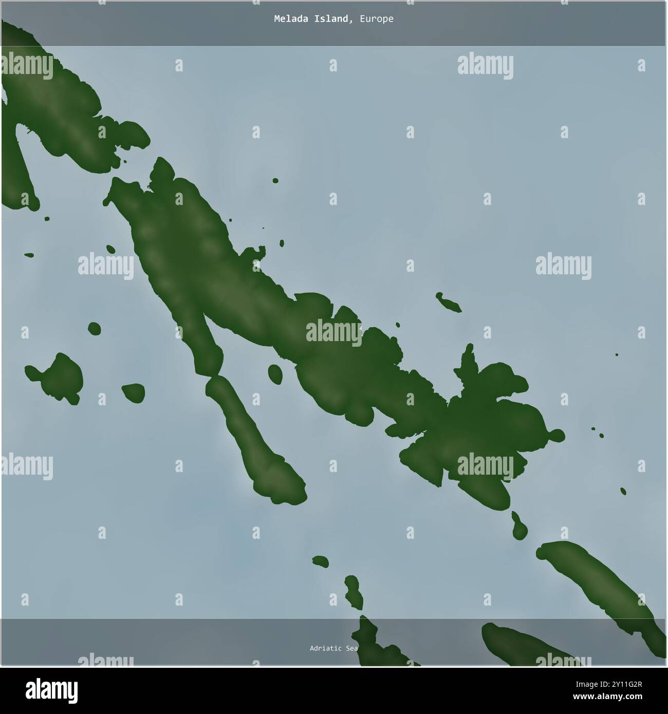 Isola di Melada nel Mare Adriatico, appartenente alla Croazia, ritagliata in piazza su una mappa colorata di elevazione Foto Stock