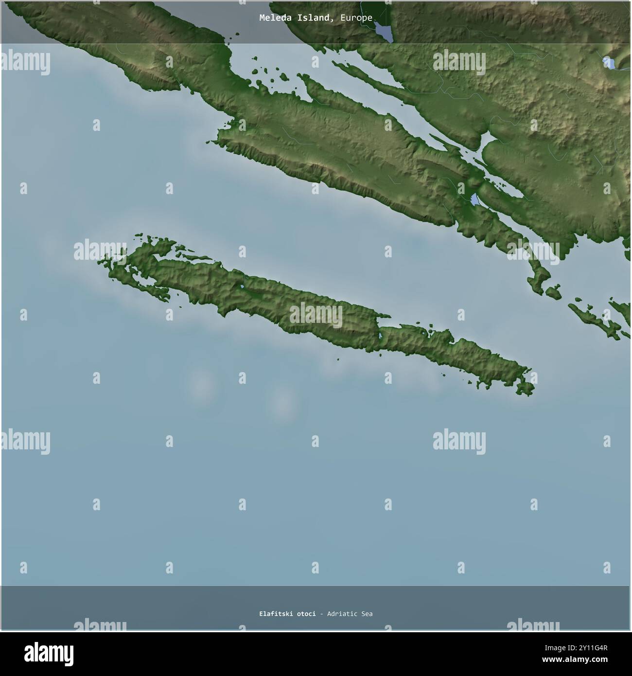 Isola di Meleda nel Mare Adriatico, appartenente alla Croazia, ritagliata in piazza su una mappa colorata di elevazione Foto Stock