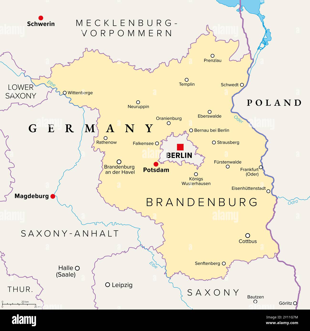 Brandeburgo, uno stato nel nord-est della Germania, mappa politica con la capitale e la città più grande Potsdam, i confini e le città più grandi. Foto Stock
