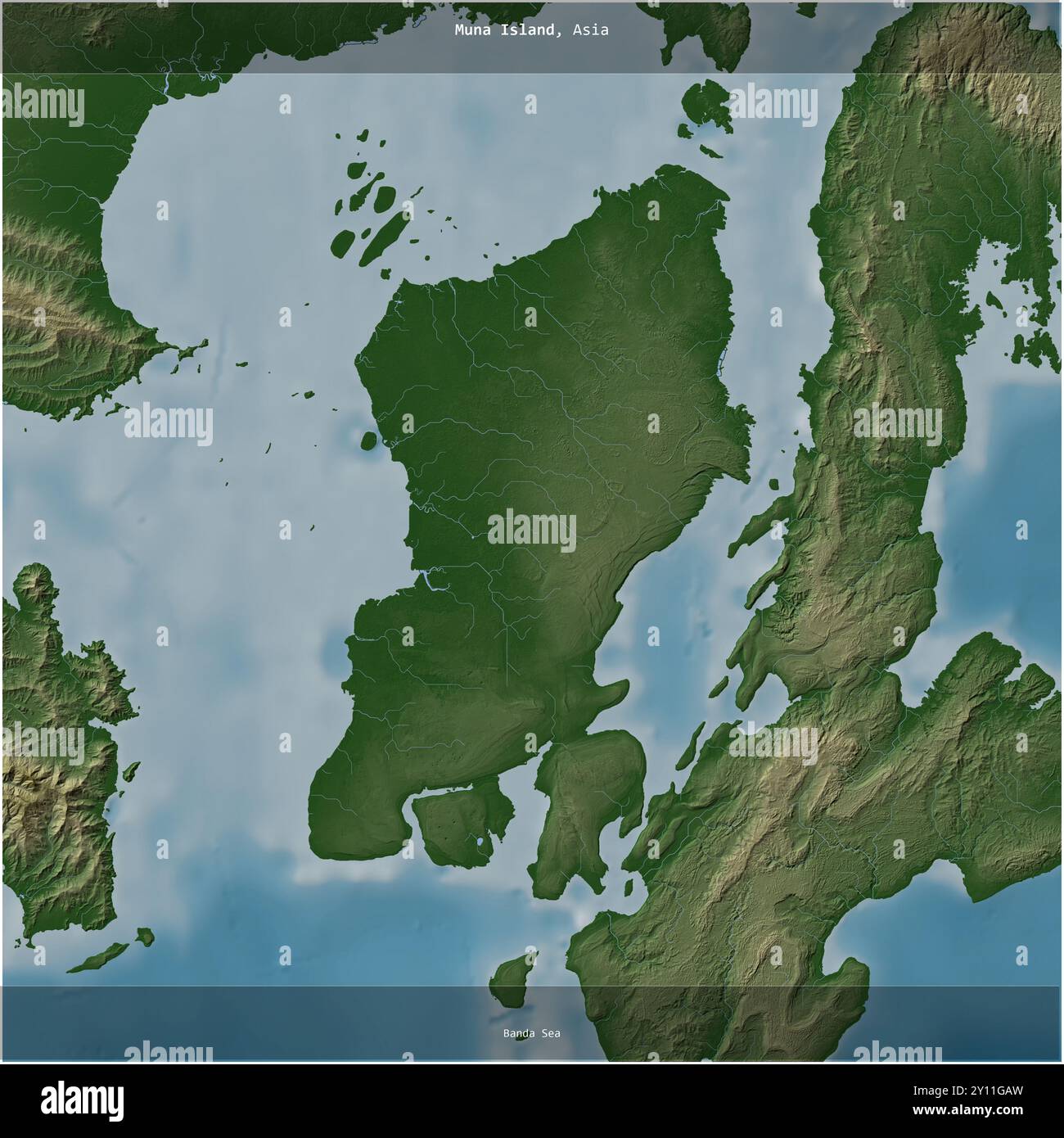 Muna Island nel Mare di banda, appartenente all'Indonesia, ritagliata in piazza su una mappa colorata di elevazione Foto Stock