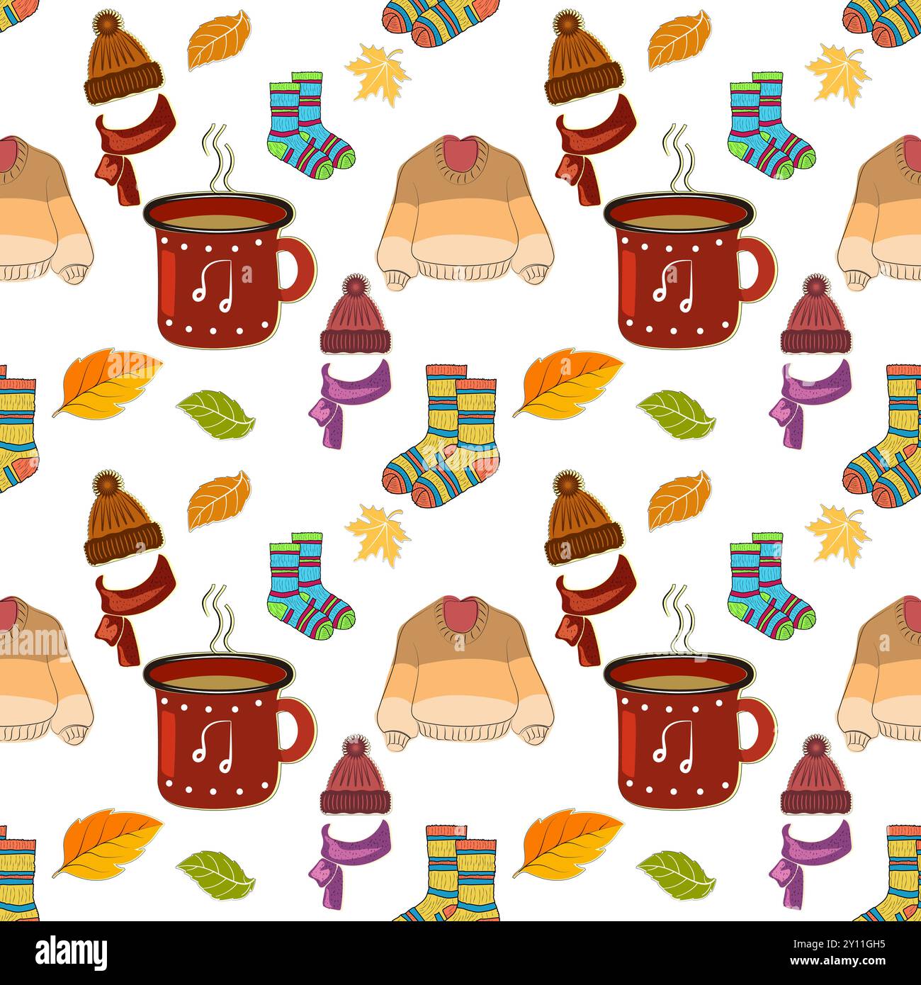 Accogliente motivo di vibrazioni autunnali. Questo motivo vivace e accogliente cattura l'essenza dell'autunno. Dispone di tazze fumanti, cappelli caldi lavorati a maglia, maglioni aderenti, Illustrazione Vettoriale