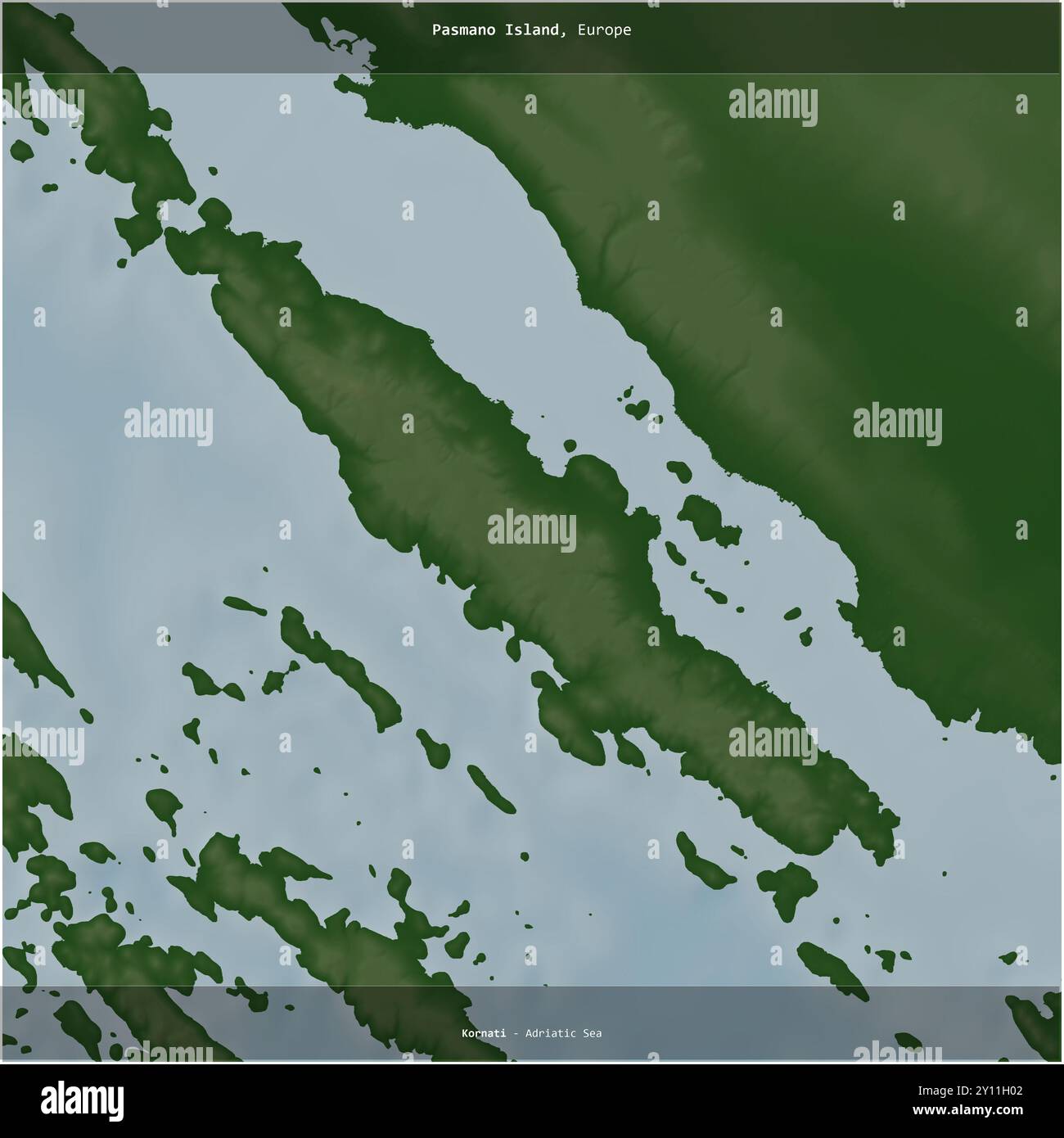 L'isola di Pasmano nel Mare Adriatico, appartenente alla Croazia, è stata ritagliata in piazza su una mappa colorata di elevazione Foto Stock