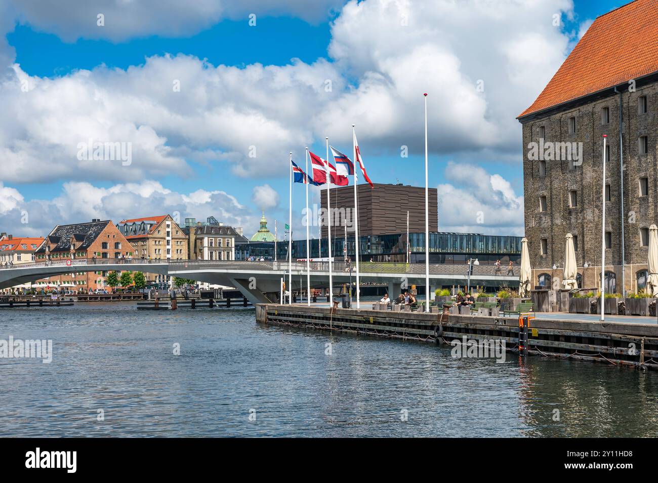 Copenaghen, Danimarca, 24 luglio 2024 - il porto con case residenziali e il complesso di appartamenti Papiroen Foto Stock