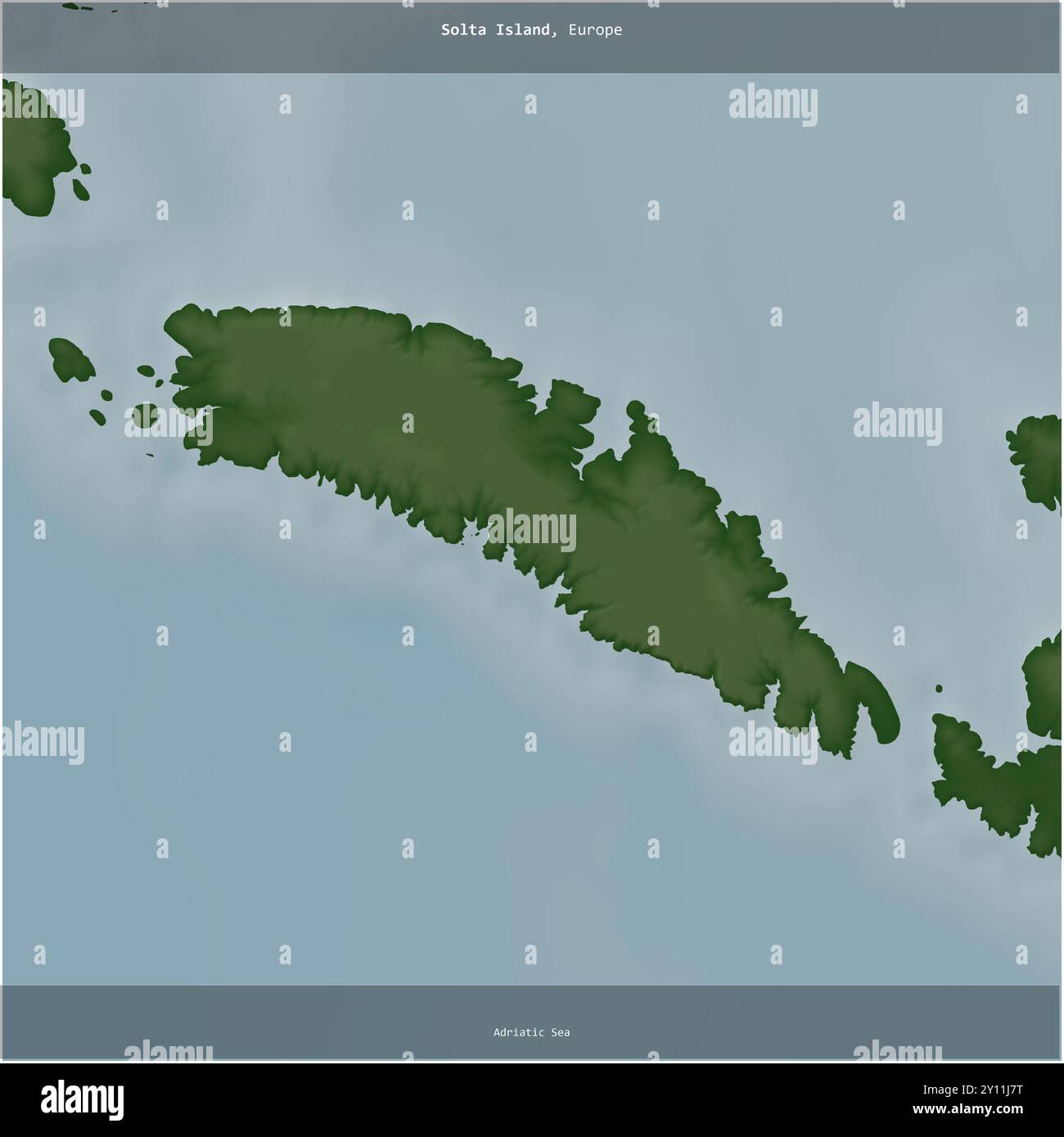 Isola di Solta nel Mare Adriatico, appartenente alla Croazia, ritagliata in piazza su una mappa colorata di elevazione Foto Stock