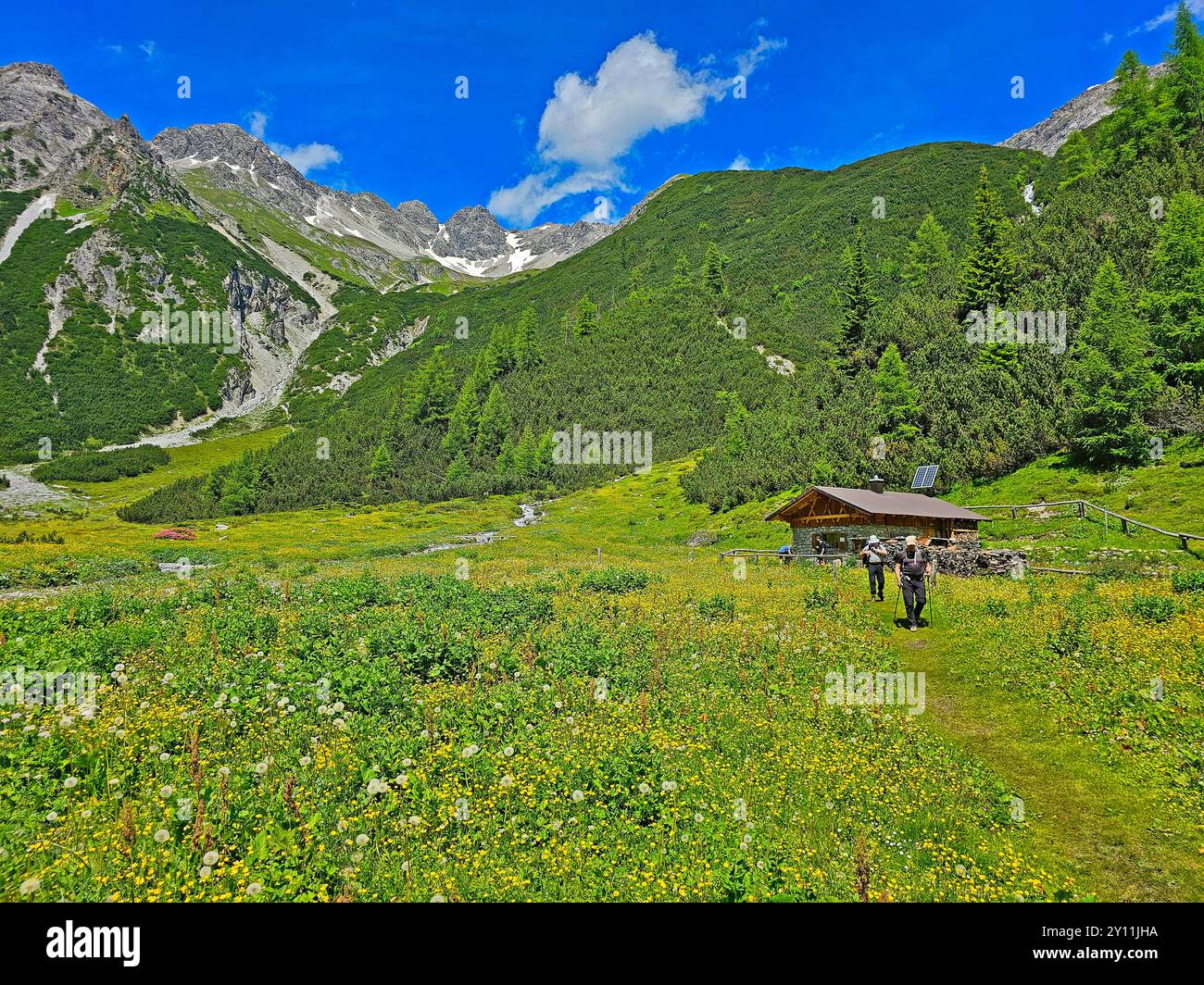 Presso l'Obere Lochalm, sulla discesa dal Seescharte nella Lochbachtal verso Zams, Alpi interne, Tirolo, Austria, sentiero escursionistico E5, attraversamento alpino da Oberstdorf a Merano Foto Stock
