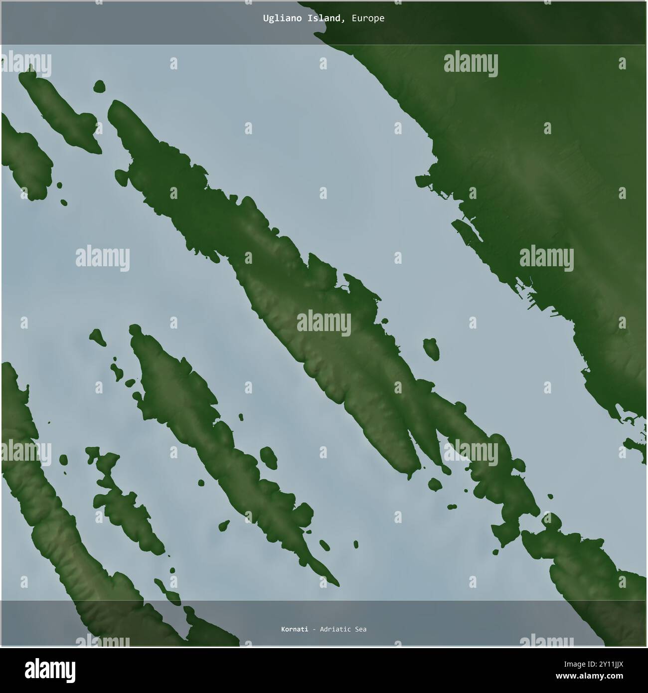 Isola di Ugliano nel Mare Adriatico, appartenente alla Croazia, ritagliata in piazza su una mappa colorata di elevazione Foto Stock