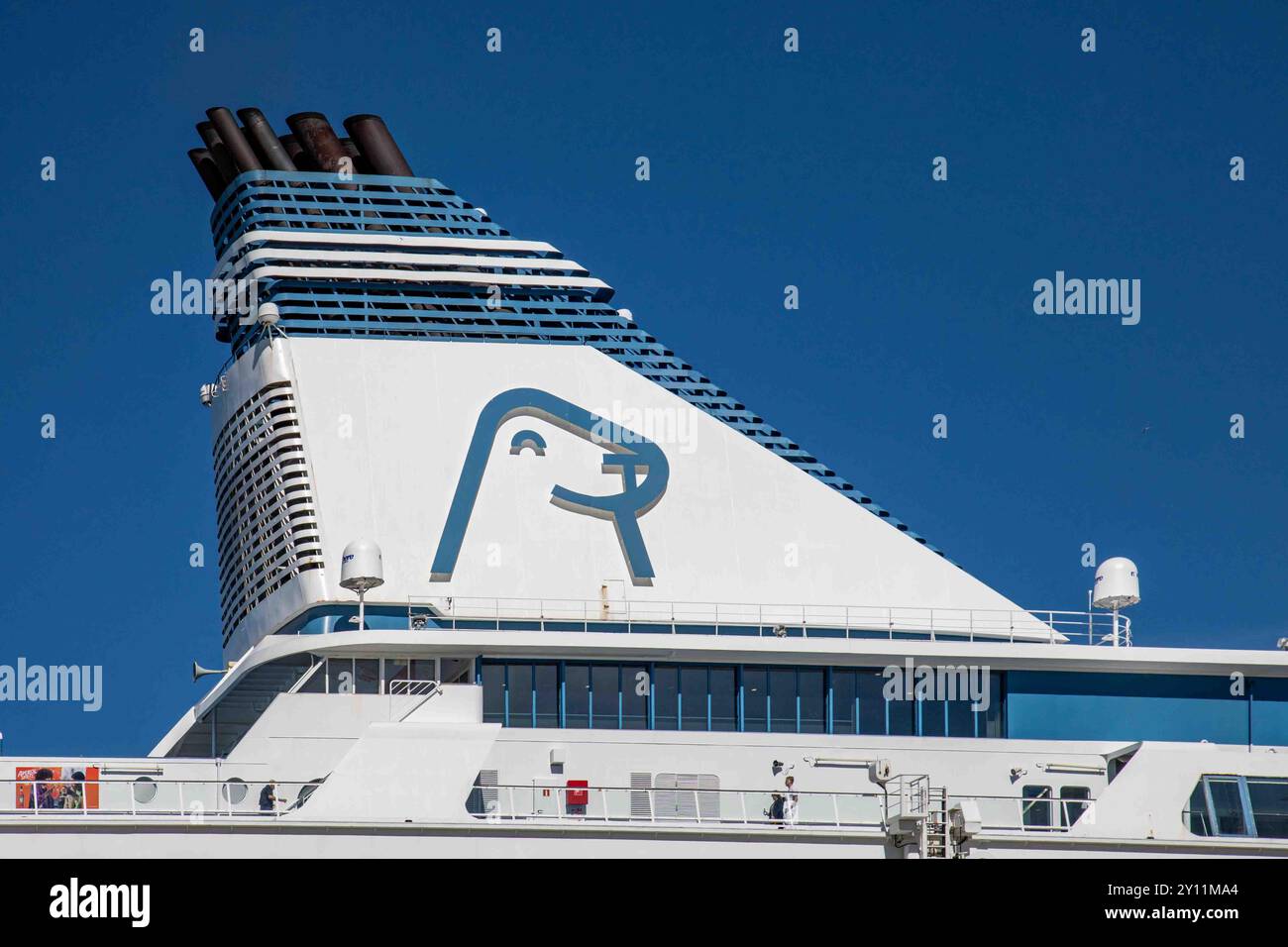 Logo Silja Line sull'imbuto della nave da crociera Silja Symphony a Helsinki, Finlandia Foto Stock