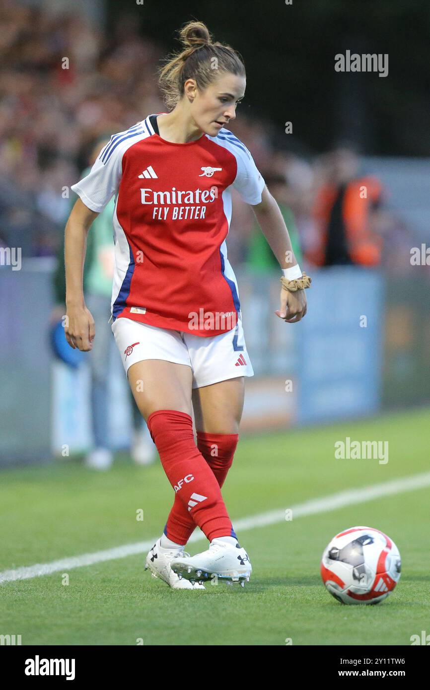 Borehamwood, Regno Unito. 4 settembre 2024. Emily Fox dell'Arsenal durante la semifinale della UEFA Women's Champions League tra Arsenal e Rangers al Mangata Pay UK Stadium di Meadow Park. Crediti: Jay Patel/Alamy Live News Foto Stock