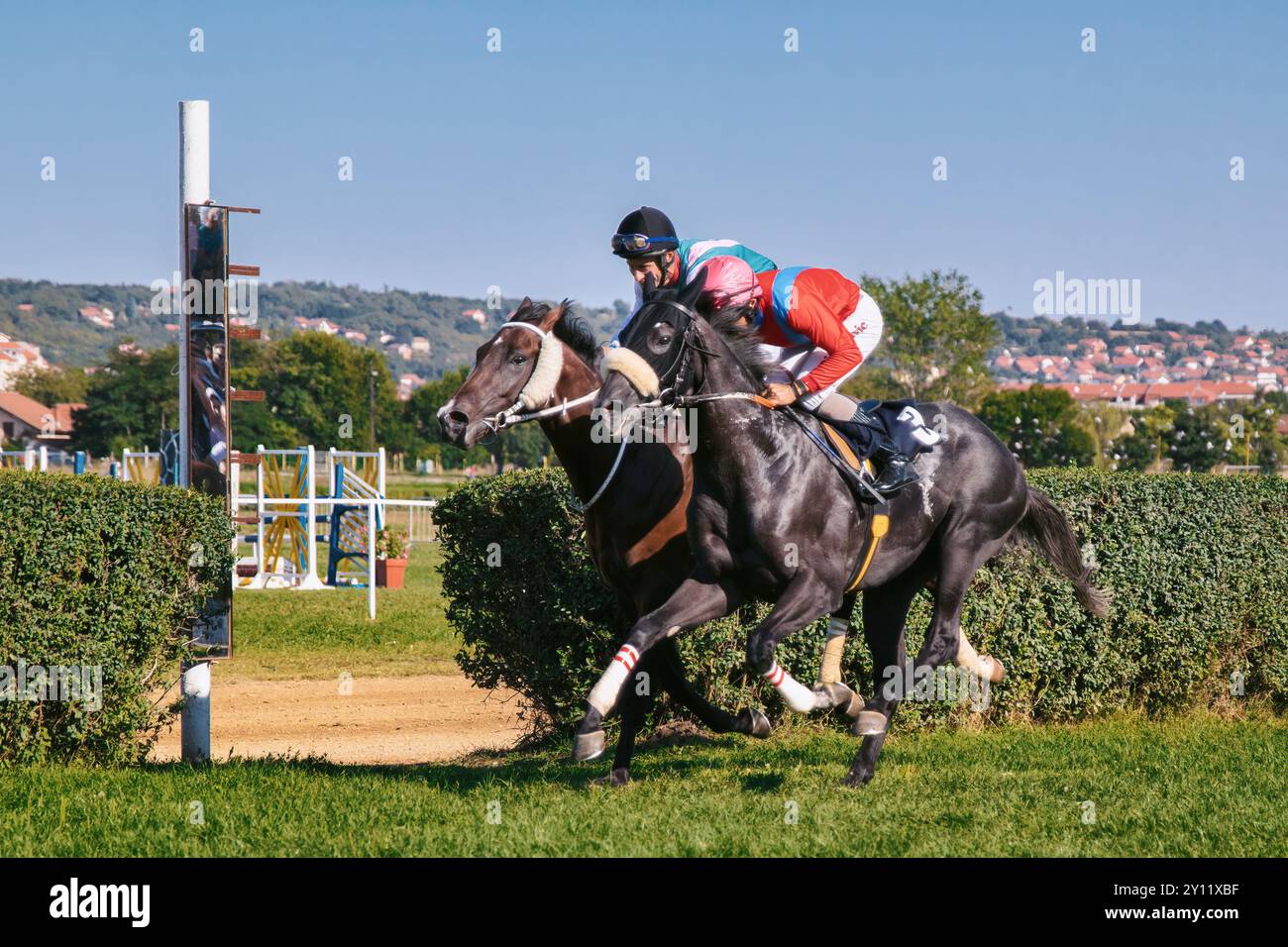 Regno Unito - 01 settembre 2019: Primo piano di un paio di cavalli e fantini collo e collo al traguardo in una gara su un ippodromo in erba (di Ivan Radic) Foto Stock