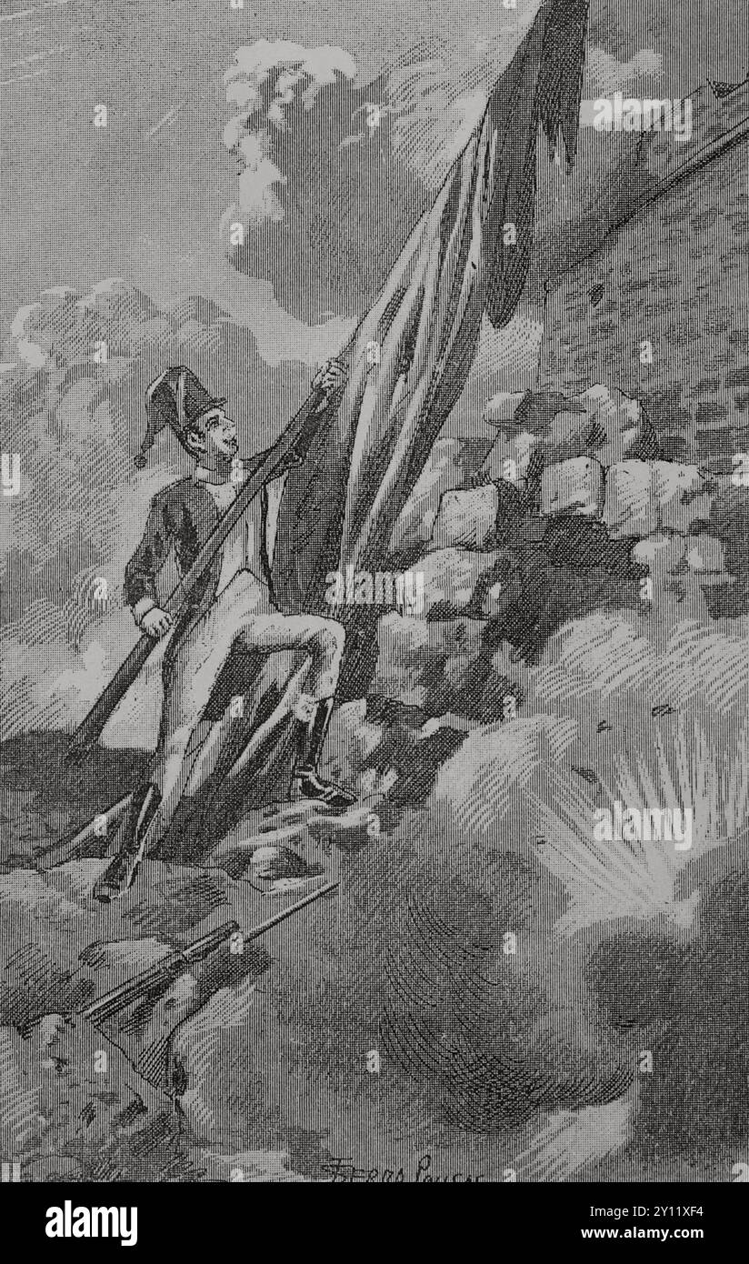 Guerra d'indipendenza spagnola (1808-1814). Catalogna. Assedio di Gerona (6 maggio 1809). Impresa del sottotenente Mariano Montoro, dei volontari Vich. Il 3 luglio 1809, durante l'attacco dell'artiglieria francese al castello di Montjuic, una bandiera spagnola fu colpita dal fuoco dei cannoni francesi e cadde nel fossato, dopodiché il sottotenente Montoro scese per raccoglierlo e sollevarlo di nuovo, inchiodandolo in cima al castello. Illustrazione di Serra Pausas. "Glorias Españolas" (Glorie di Spagna). Volume IV. Pubblicato a Barcellona, 1890. Foto Stock