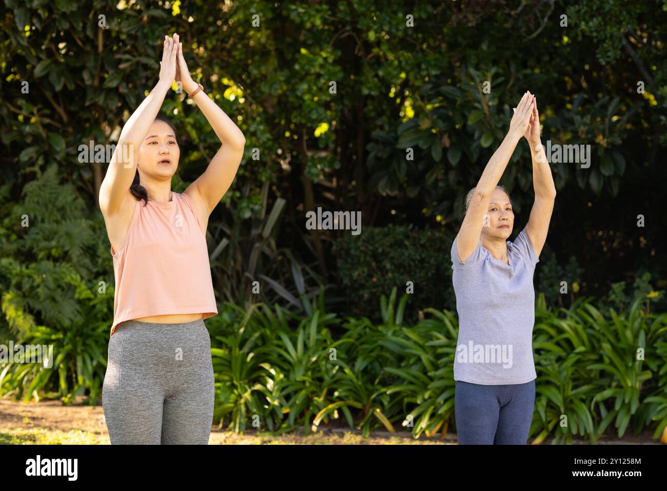 Pratica yoga all'aperto, nonna asiatica e nipote che si allungano e si concentrano sulla respirazione Foto Stock