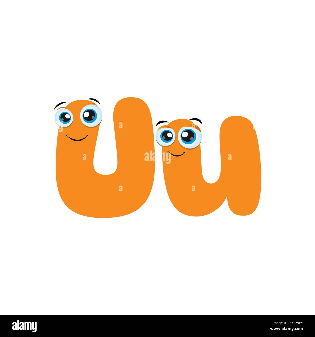 Personaggio arancione della lettera U Cartoon con occhi carini. Illustrazione del carattere di tipo di carattere Funny Cartoon Alphabet per l'istruzione. L'alfabeto ABC dei bambini carini Illustrazione Vettoriale
