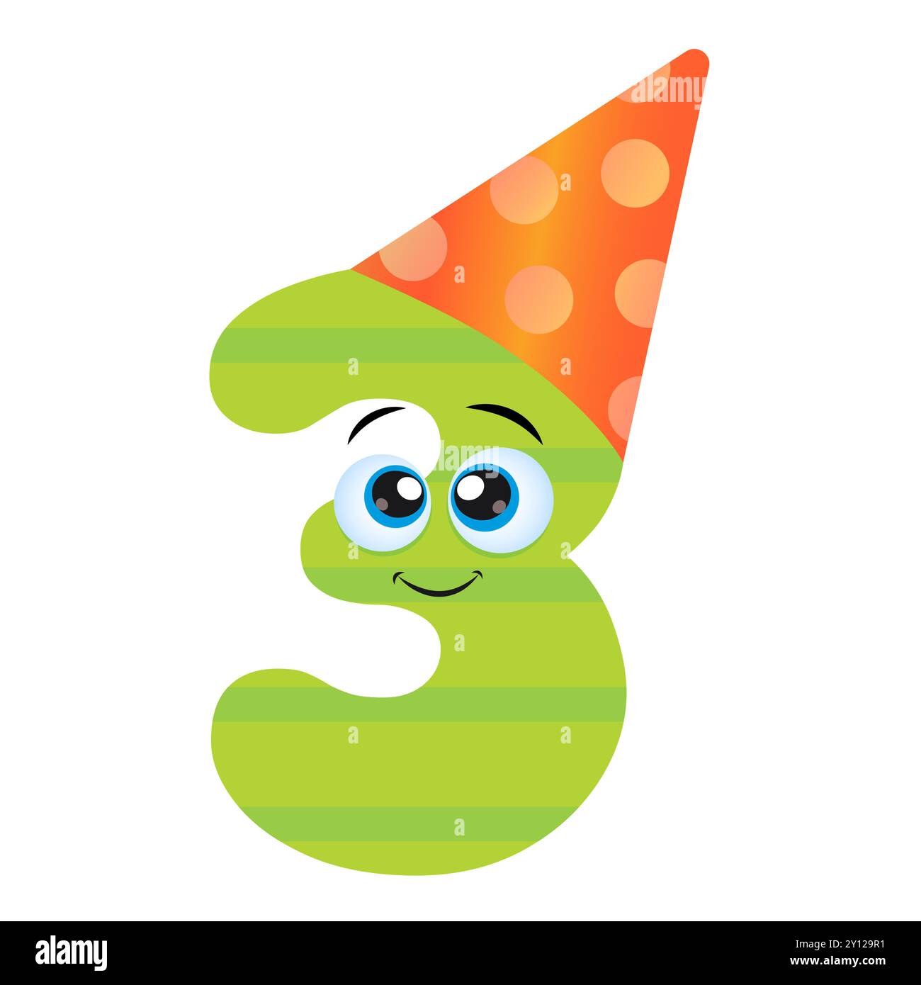 Green Cartoon divertente personaggio numero tre celebra la festa con occhi espressivi e un affascinante sorriso isolato su sfondo bianco indossa un cappello festoso. Illustrazione Vettoriale