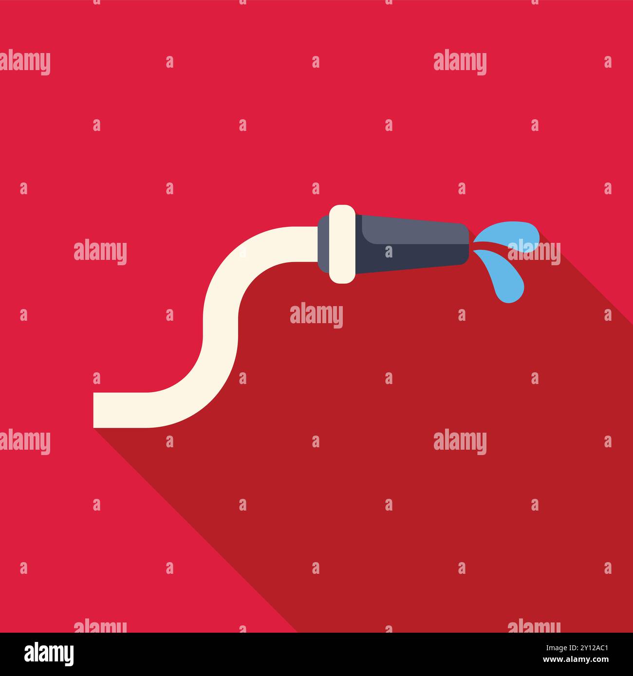 Il tubo dell'acqua bianco con ugello nero spruzza l'acqua su sfondo rosso Illustrazione Vettoriale