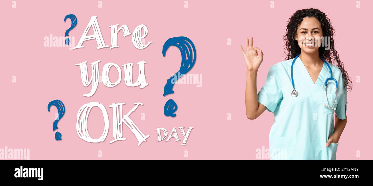 Banner per R U OK Day con medico su sfondo rosa Foto Stock