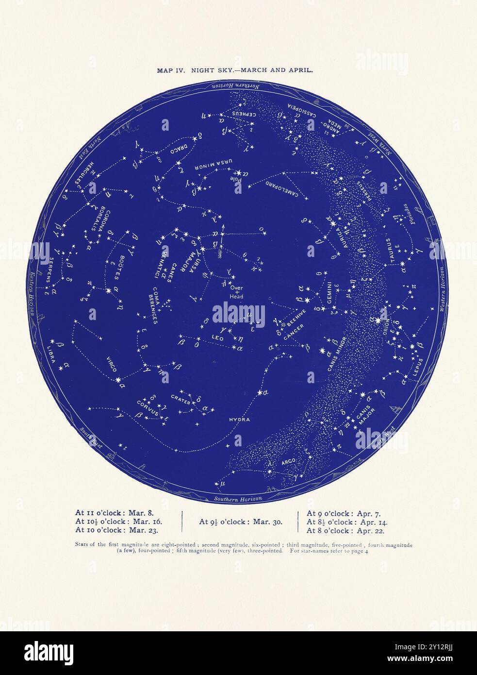 Costellazioni e stelle. Mappa Night Sky: Marzo e aprile Foto Stock