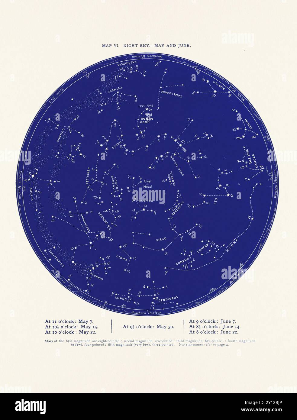 Costellazioni e stelle. Mappa Night Sky: Maggio e giugno Foto Stock