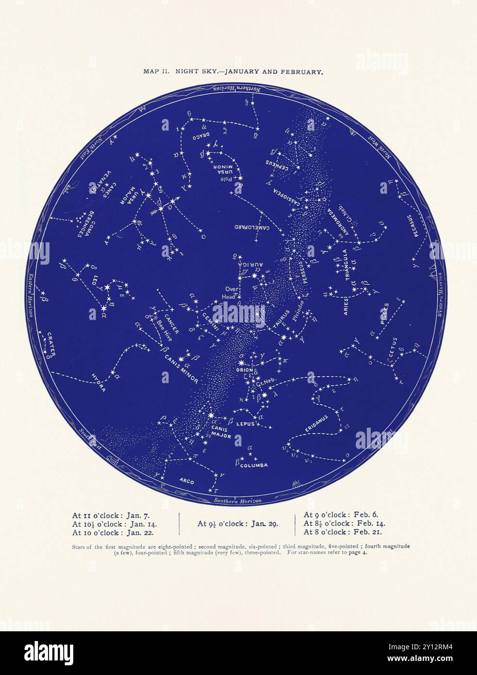Costellazioni e stelle. Mappa Night Sky: Gennaio e febbraio Foto Stock