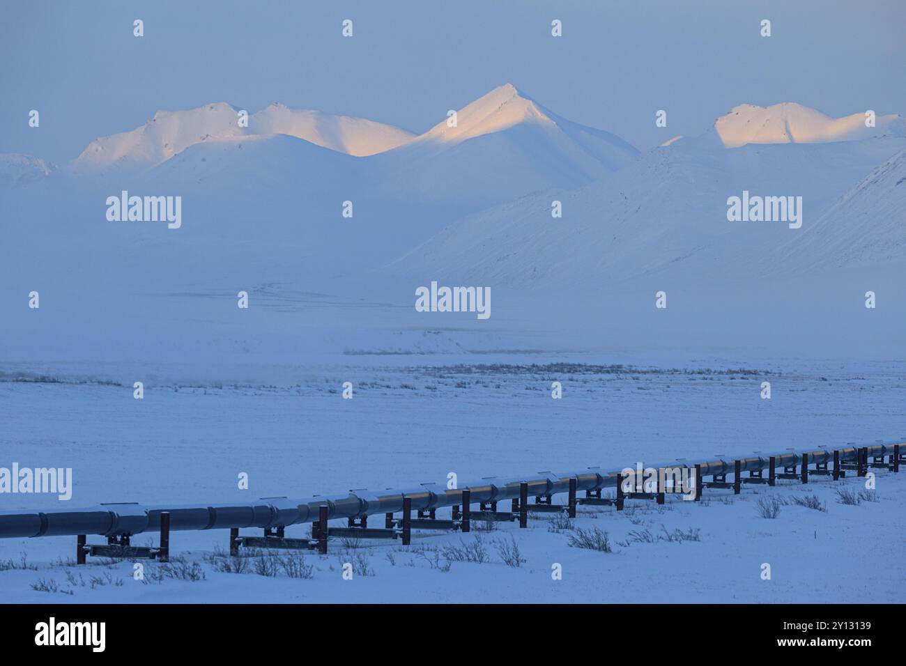Produzione di petrolio nell'Artico, Trans Alaska Pipeline, inverno, Brooks Range, Alaska, Stati Uniti, Nord America Foto Stock