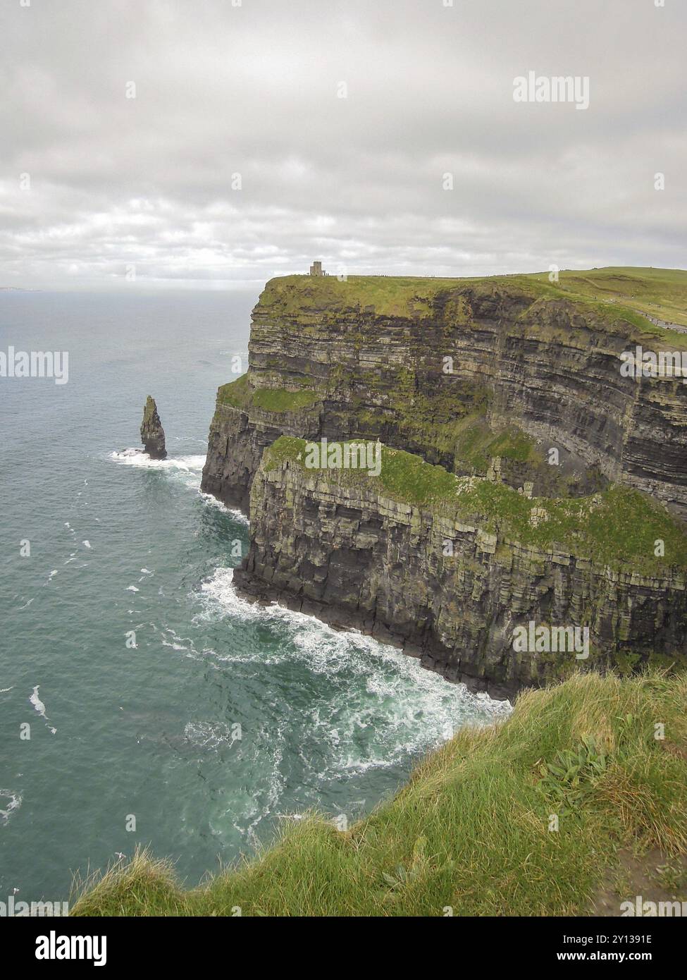 Le maestose scogliere sorgono dal mare turchese, offuscate da un cielo coperto, Mare del Nord, Irlanda, Europa Foto Stock