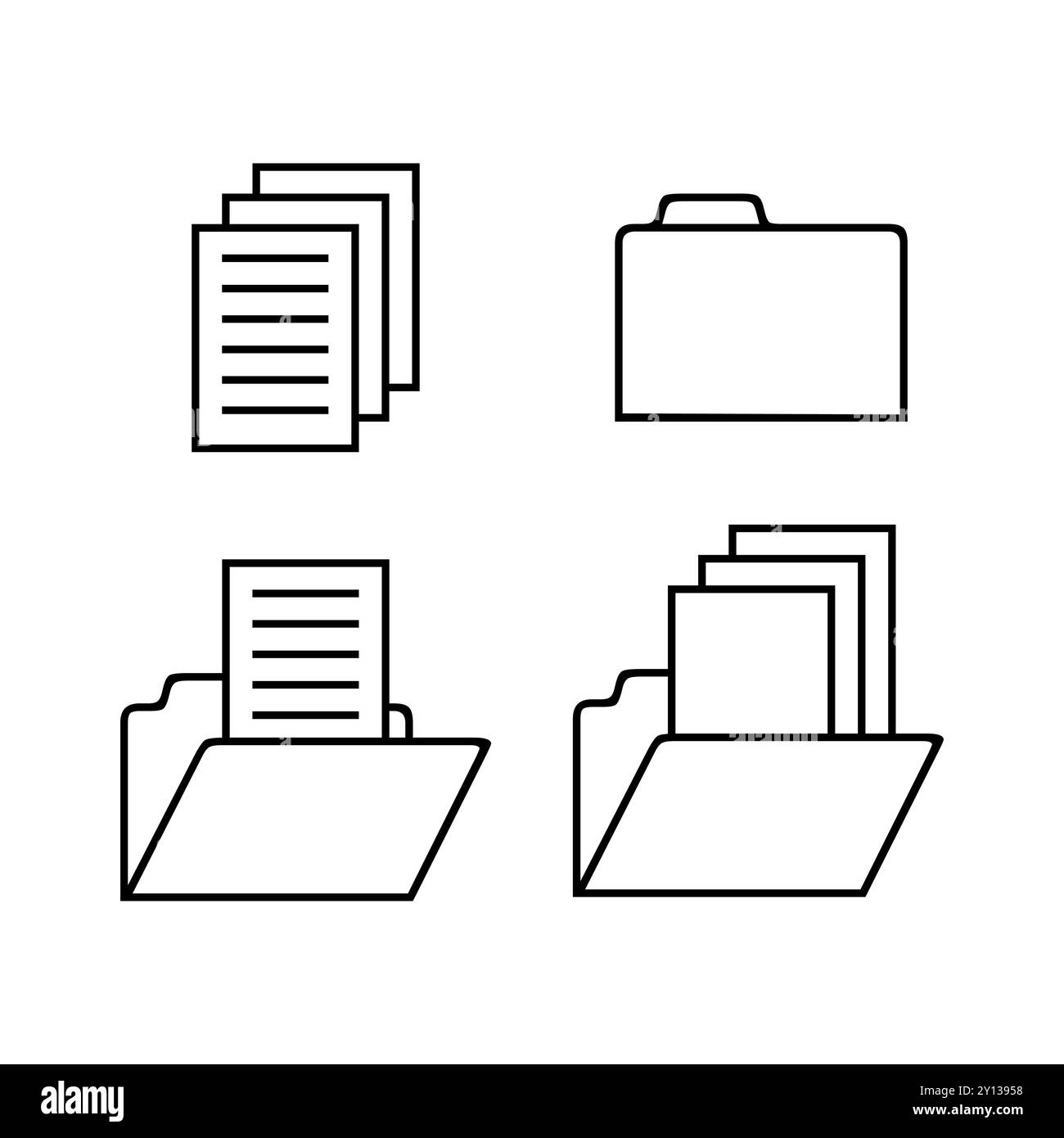 Icone delle cartelle dei documenti. Simboli di gestione dei file. Semplici illustrazioni. Grafica vettoriale. Illustrazione Vettoriale