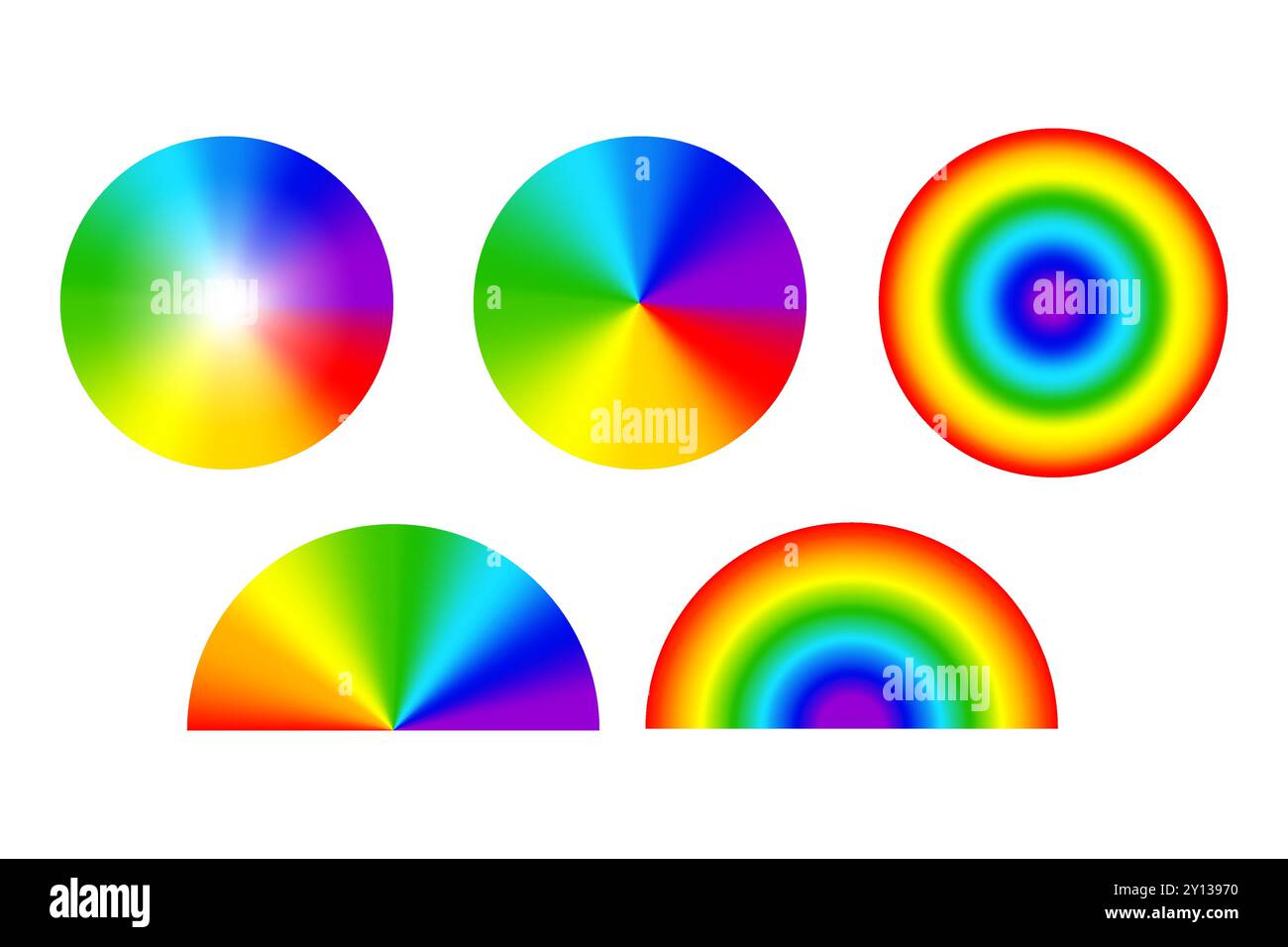 Cerchi sfumati colorati. Design a gradiente arcobaleno. Motivi radiali vibranti. Elementi astratti vettoriali. Illustrazione Vettoriale