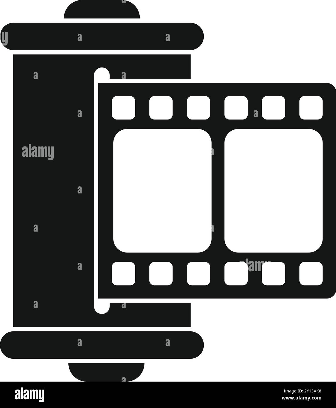 Semplice icona vettoriale di una pellicola parzialmente arrotolata all'interno della cartuccia, in bianco e nero Illustrazione Vettoriale
