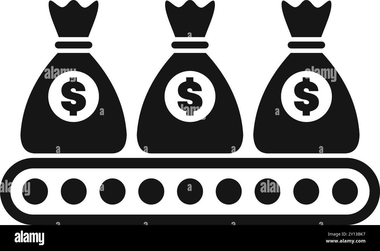 Icona nera continua per una linea di produzione che produce sacchetti di denaro Illustrazione Vettoriale