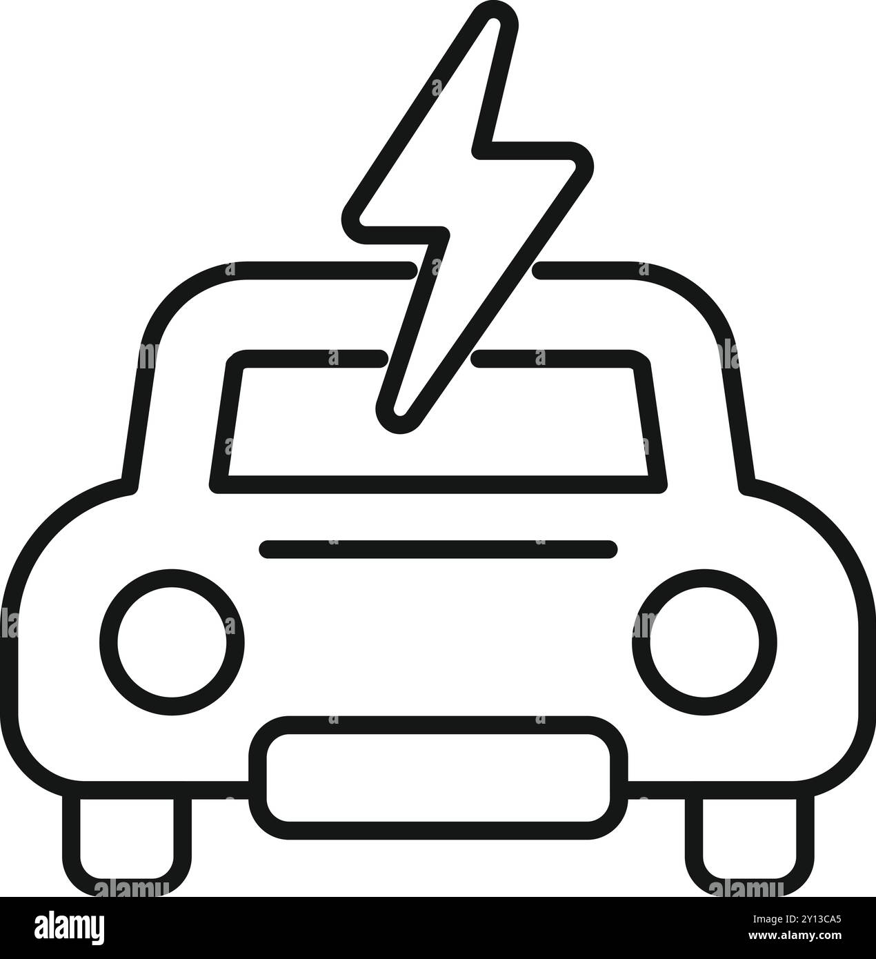 Icona vettoriale di un'auto che si ricarica con un fulmine sopra di essa, che rappresenta i veicoli elettrici e il trasporto sostenibile Illustrazione Vettoriale