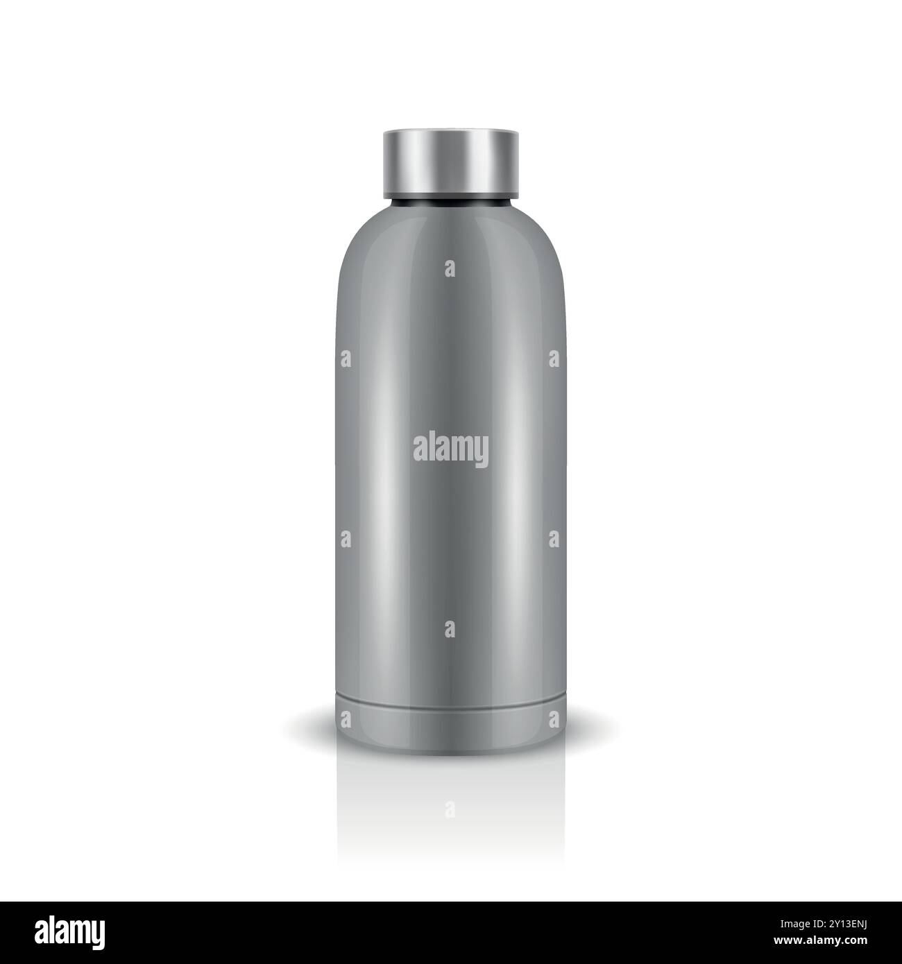 Bottiglia d'acqua riutilizzabile lucida vuota in acciaio 3D realistico vettoriale con chiusura in argento isolata. Modello di progettazione del packaging. Vista frontale Illustrazione Vettoriale