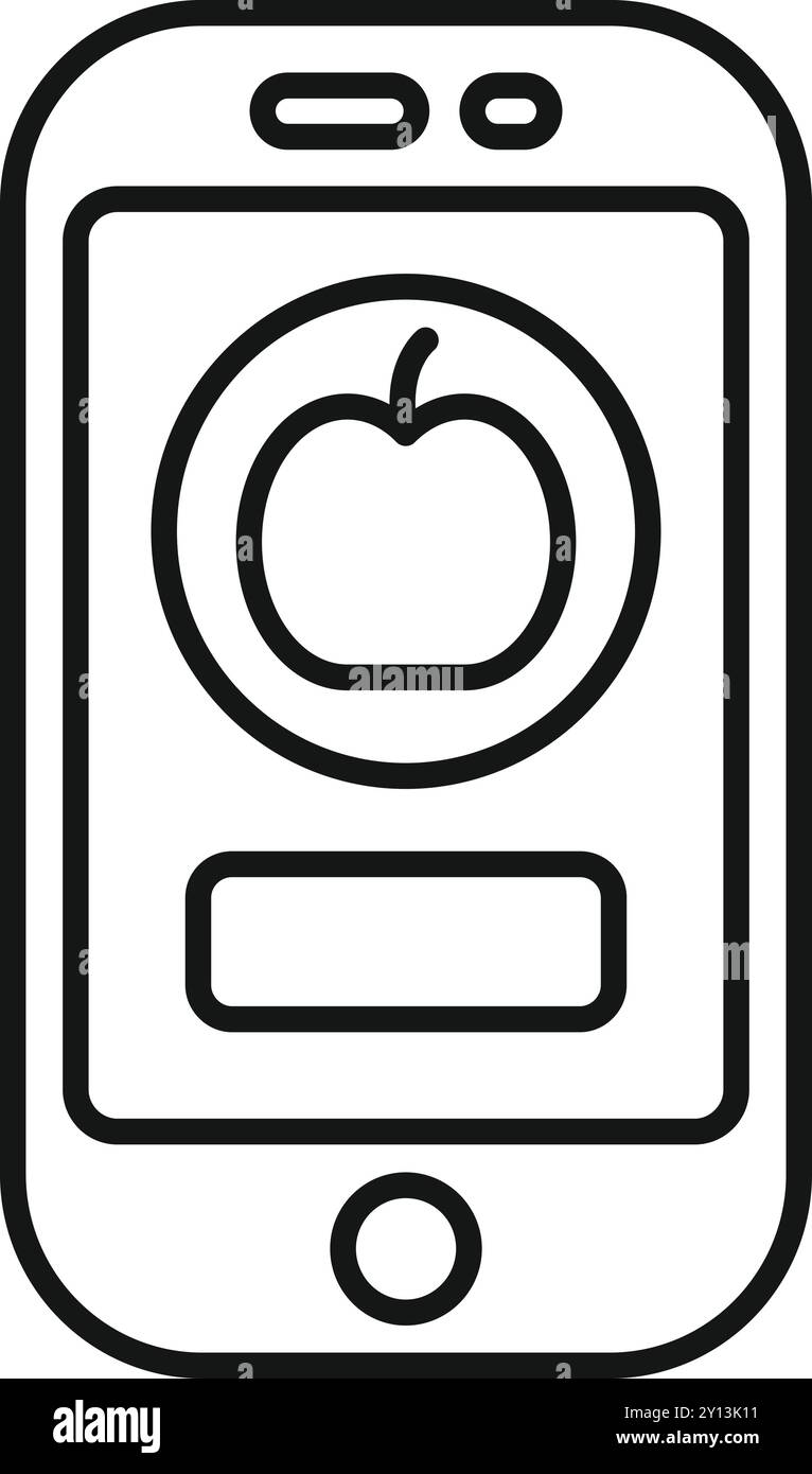 Disegno in linea di un telefono cellulare che mostra un'app per la spesa online con un'icona Apple Illustrazione Vettoriale