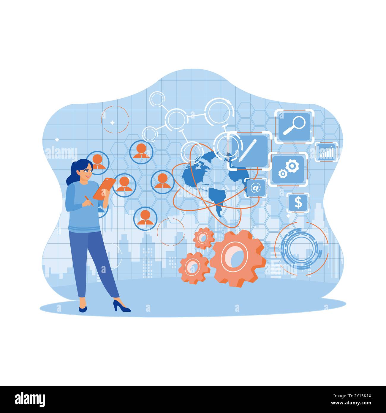 Gli uomini d'affari che utilizzano smartphone con grafica aziendale digitale, icone e globi. Concetto finanziario e commerciale. Illustrazione piatta vettoriale moderna Illustrazione Vettoriale