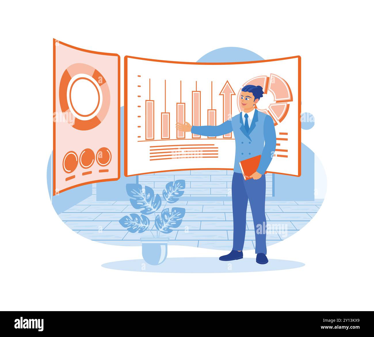 Il CEO di Businessman presenta a un gruppo di investitori dati grafici sulle vendite dei prodotti. Concetto di analisi della crescita. trend immagine vettoriale piatta moderna Illustrazione Vettoriale