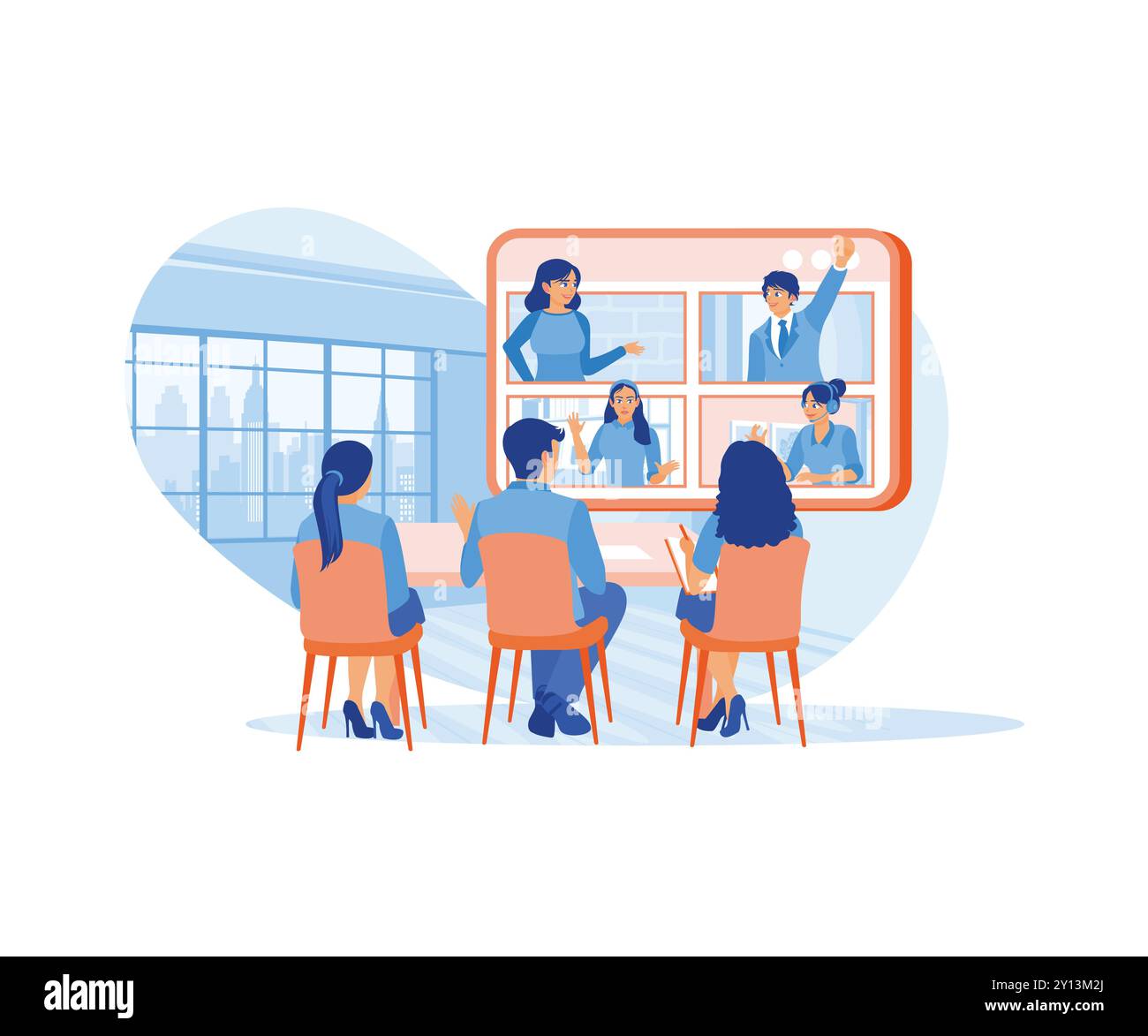 Persone d'affari diverse tengono riunioni online. Effettuano videochiamate con i partner commerciali sullo schermo del monitor. Discutere il concetto di informazioni. Trend M Illustrazione Vettoriale