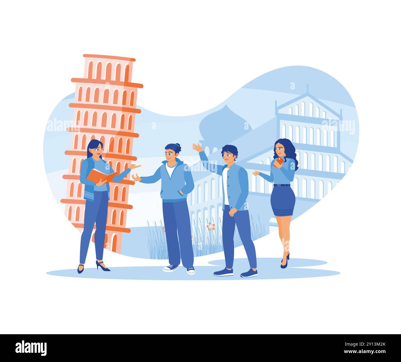 Un gruppo di turisti a Pisa, Italia. Hanno ascoltato la spiegazione di una guida su un famoso monumento. Guida turistica. Moderno vettore piatto Illustrazione Vettoriale