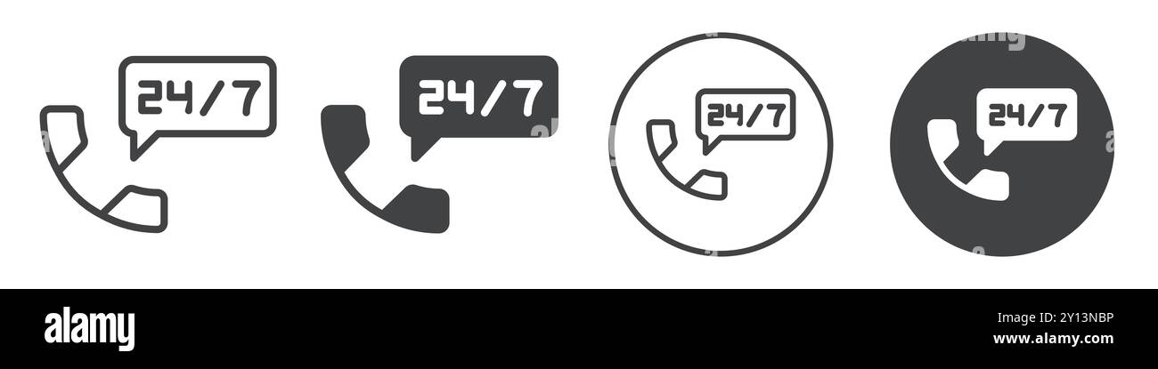 24 ore su 24, 7 giorni su 7, icona di chiamata, semplice simbolo vettoriale, contorno del logo della collezione Illustrazione Vettoriale