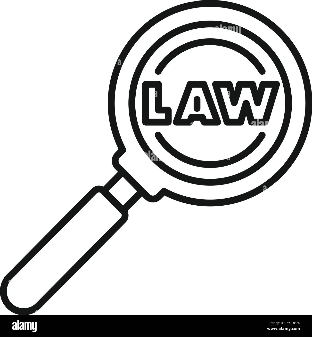 La lente d'ingrandimento si concentra sulla parola legge, che rappresenta il concetto di ricerca legale Illustrazione Vettoriale