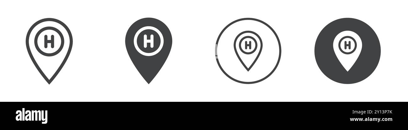 Icona a forma di spillo della posizione dell'ospedale simbolo del vettore piatto semplice contorno del logo del set di raccolta Illustrazione Vettoriale