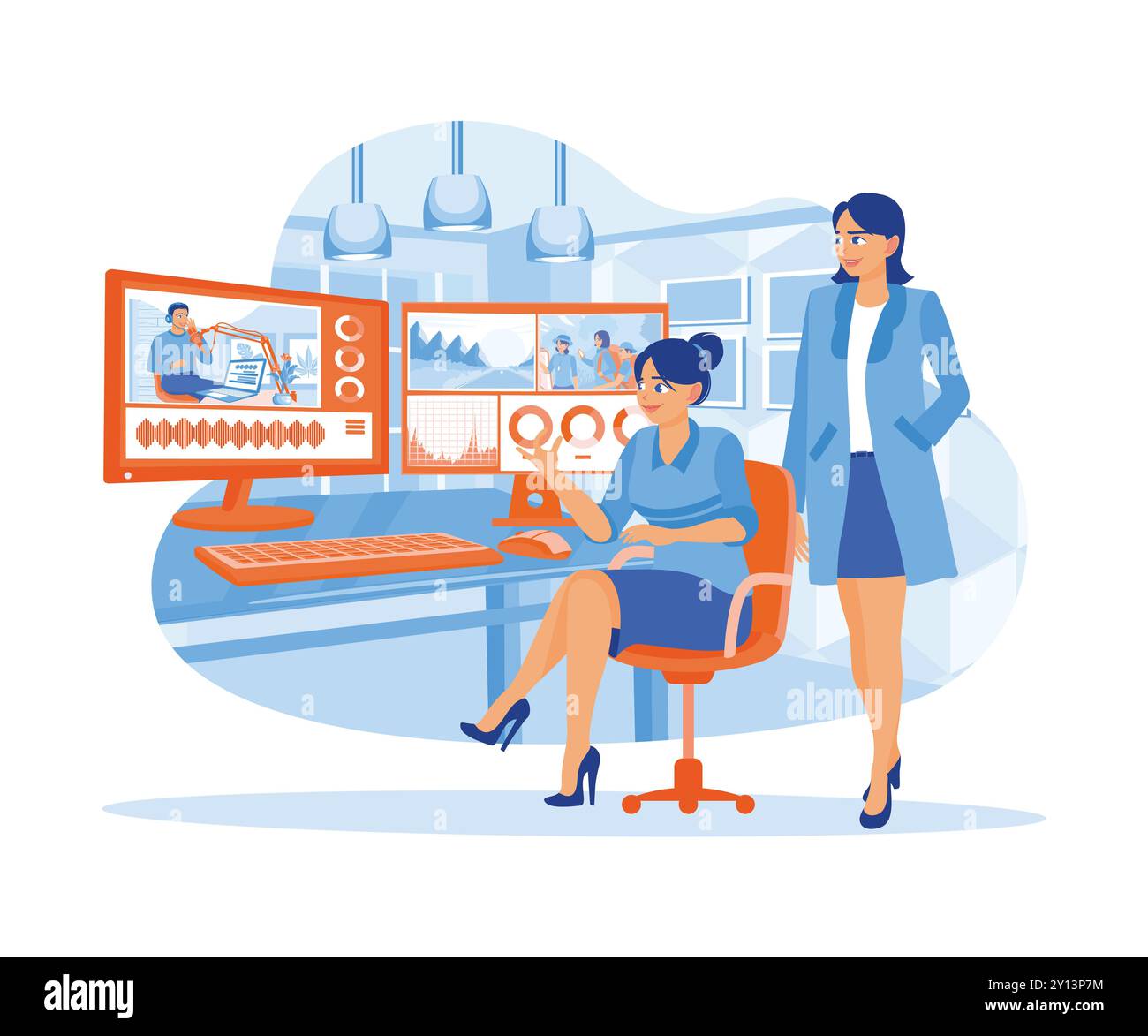 Editor e colleghi lavorano insieme in un'azienda multimediale digitale. Lavorare sulle registrazioni dei clienti utilizzando il software di post-produzione. Informazioni su Editor video. F Illustrazione Vettoriale