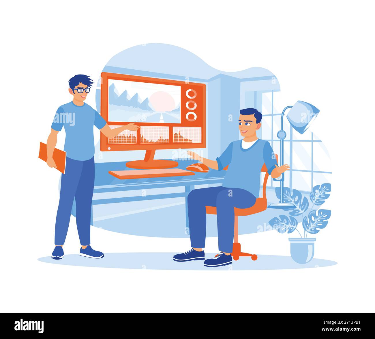 Il produttore e l'uomo in occhiali lavorano insieme per modificare un documentario o un video commerciale. Informazioni su Editor video. Illustrazione vettoriale piatta. Illustrazione Vettoriale