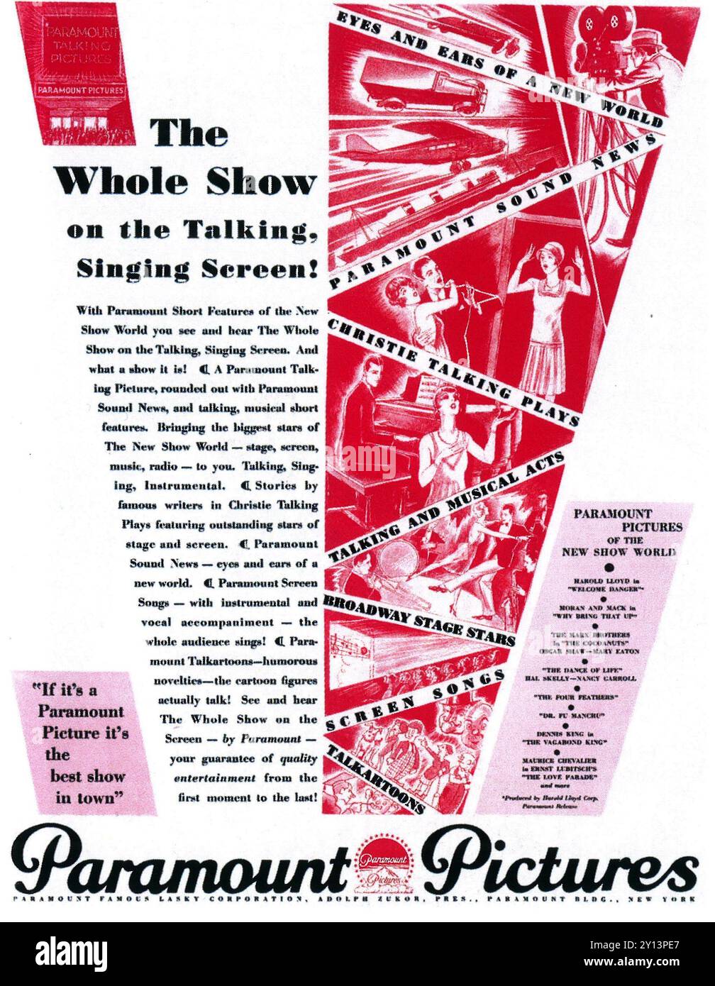 1929 annuncio Paramount Pictures - "The Whole Show in the Talking, Singing Screen" Foto Stock